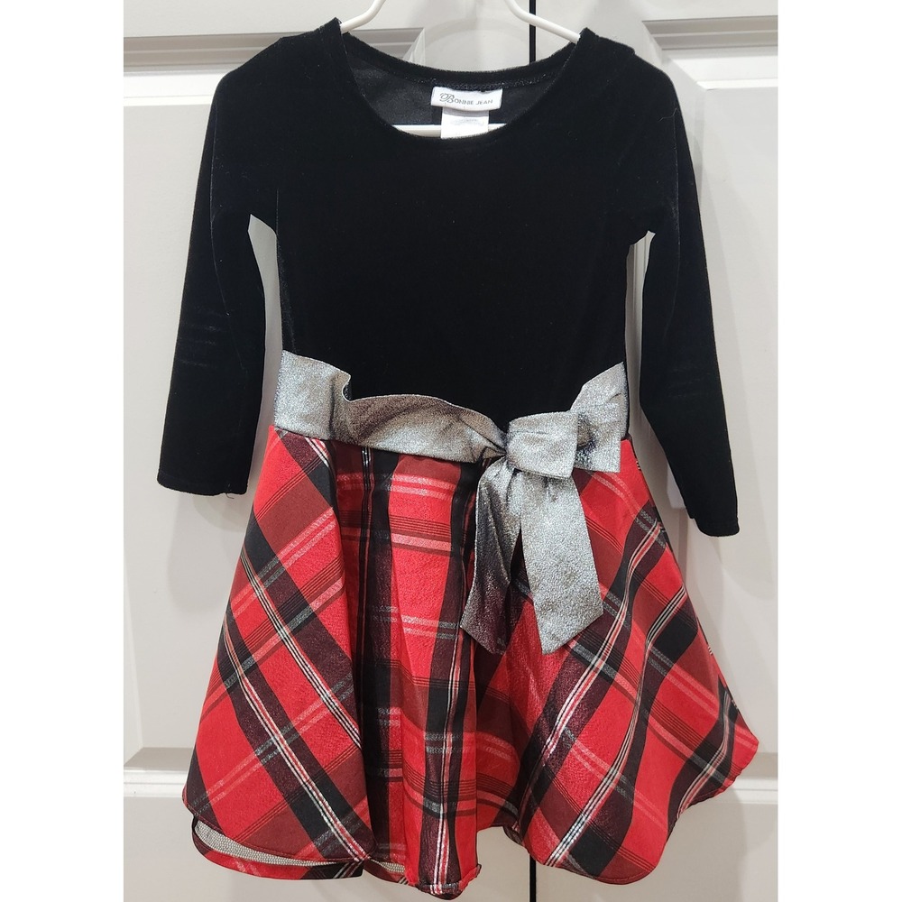 Bonnie Jean Girls Black Velvet Red Plaid Silver Holiday Dress Christmas Size 4T